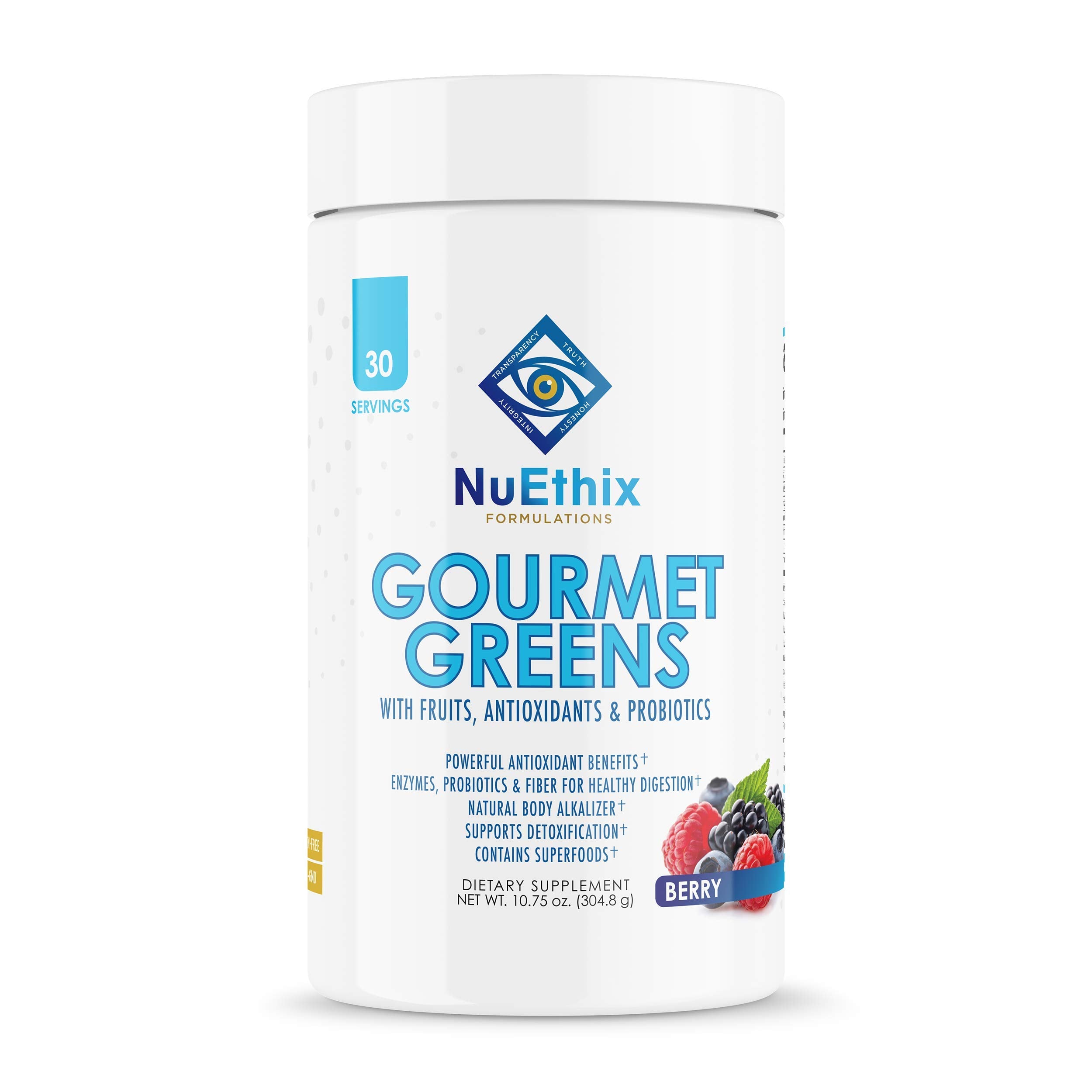 NuEthix Gourmet Greens bottle shows convenient daily nutrition