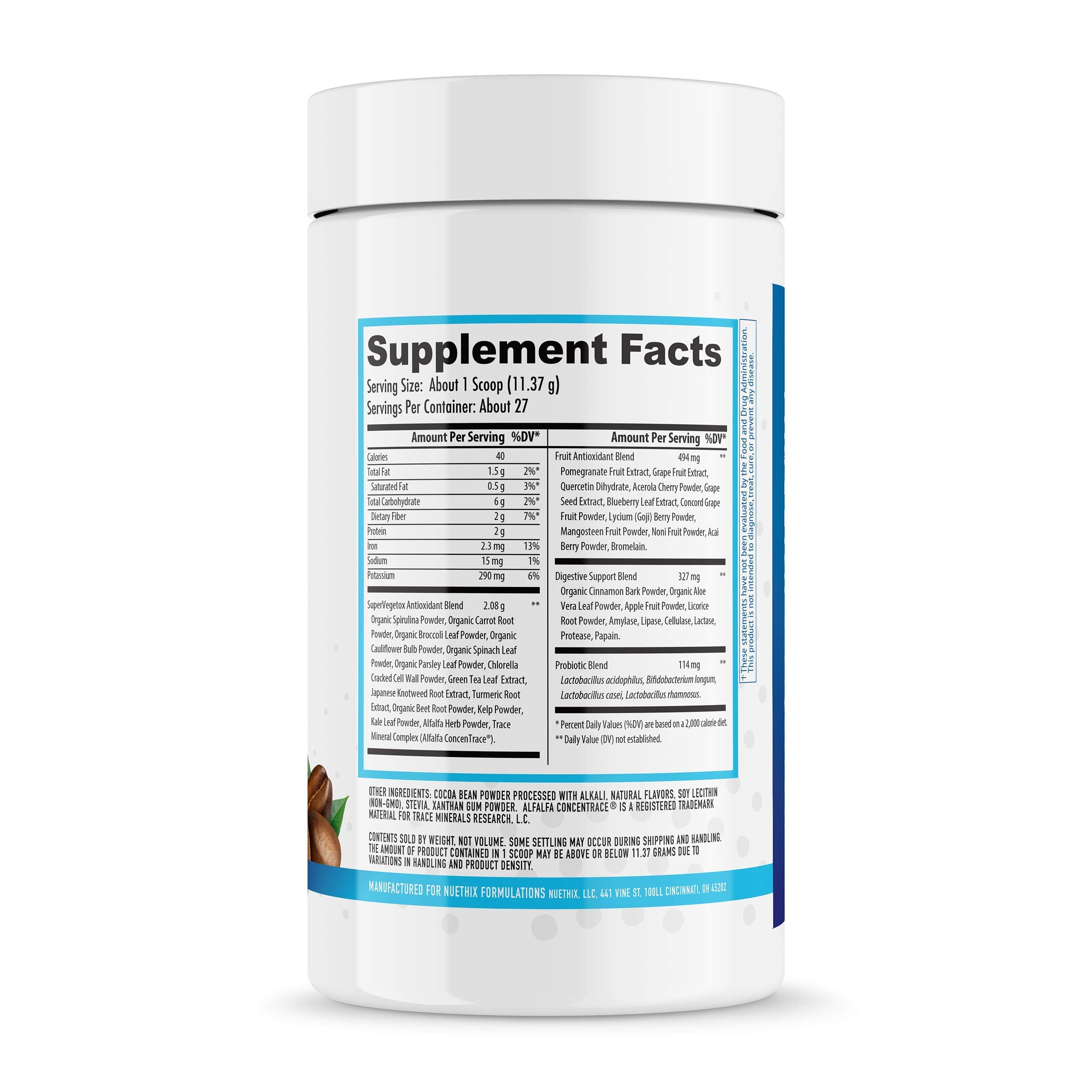 NuEthix Gourmet Greens label closeup highlighting natural superfoods and probiotic blend.