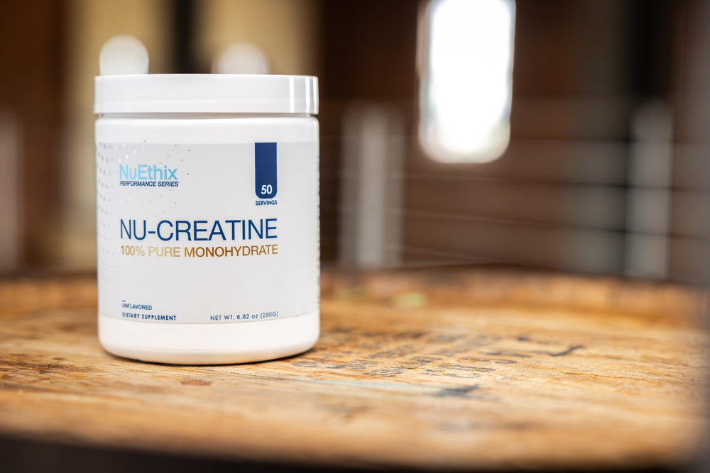 NuEthix Nu-Creatine Pure Monohydrate bottle-cap seal conveys freshness and integrity.