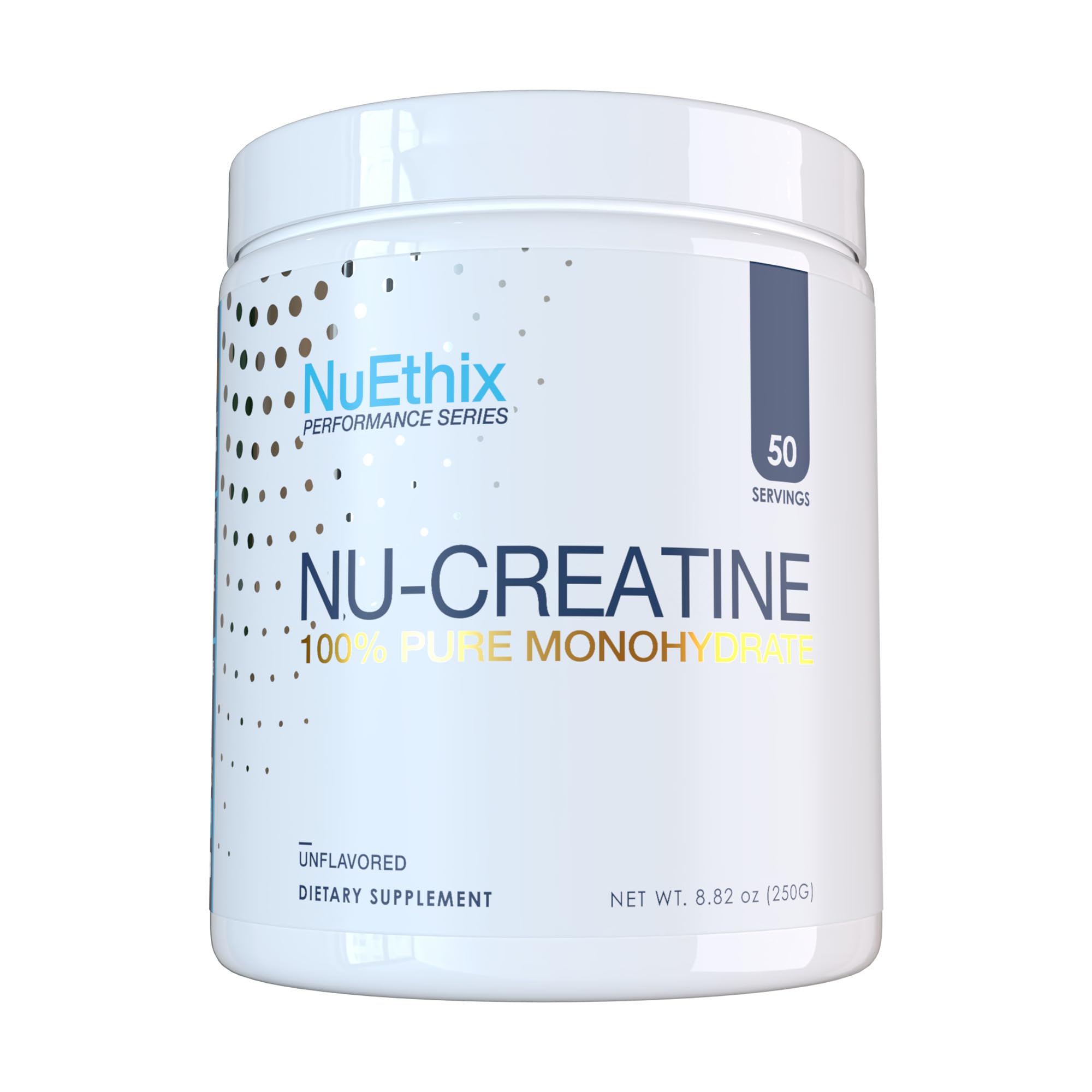 NuEthix Nu-Creatine Pure Monohydrate bottle-front highlights athletic potential.