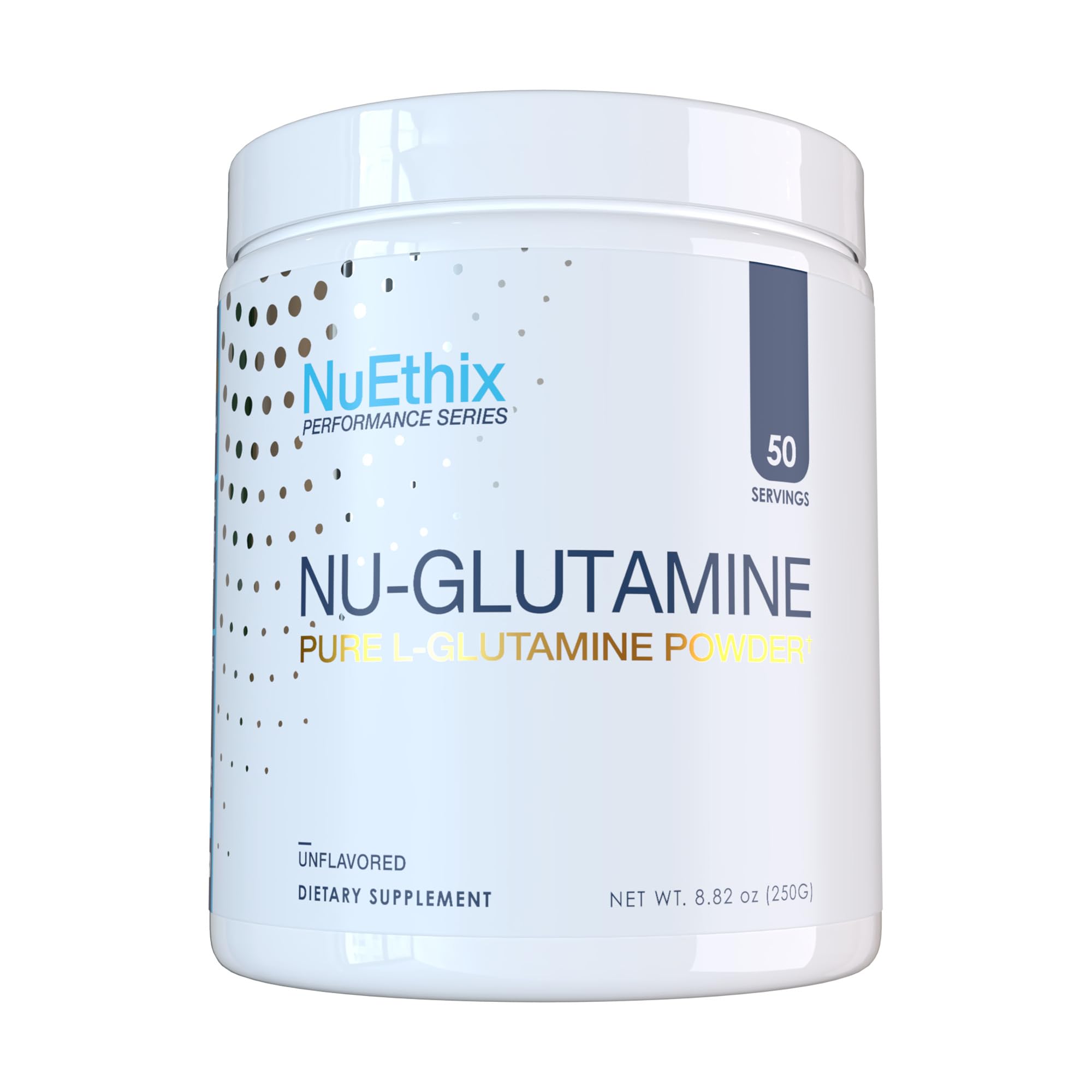 NuEthix Nu-Glutamine powder bottle with recovery focus.