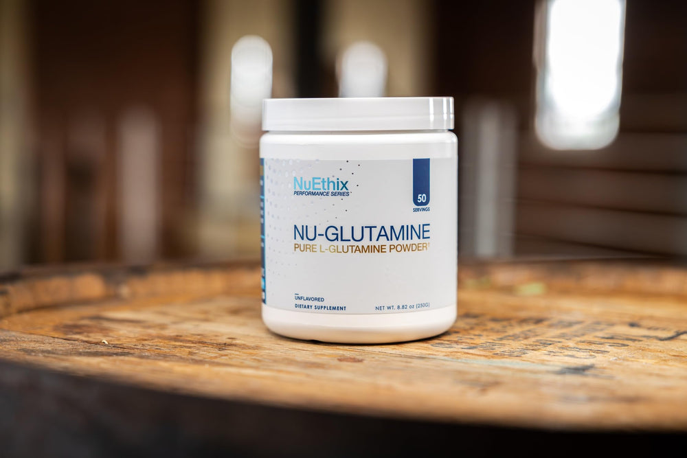 NuEthix Nu-Glutamine powder label highlights USA-made quality.