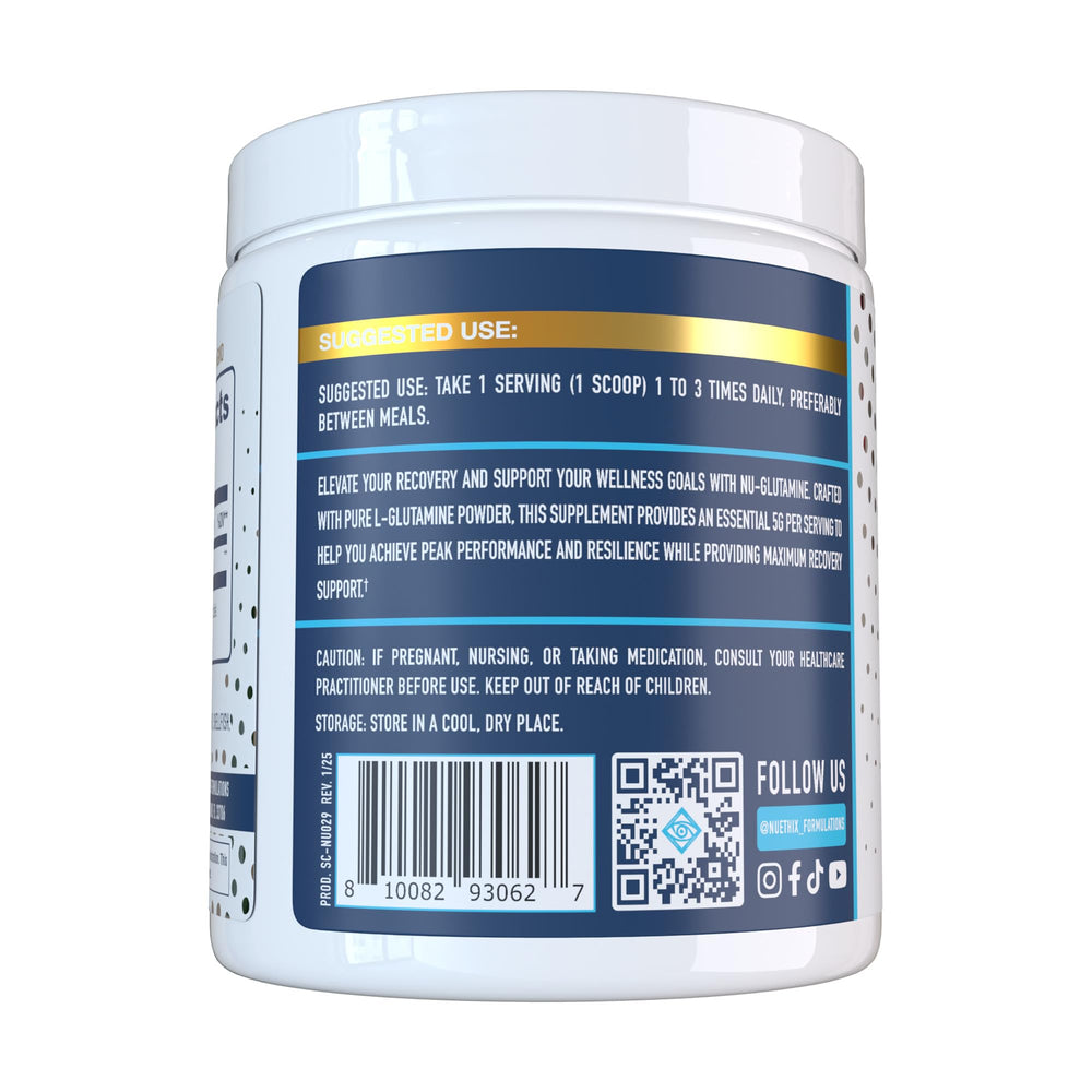 Pouring Nu-Glutamine powder into a shaker for post-workout routines.
