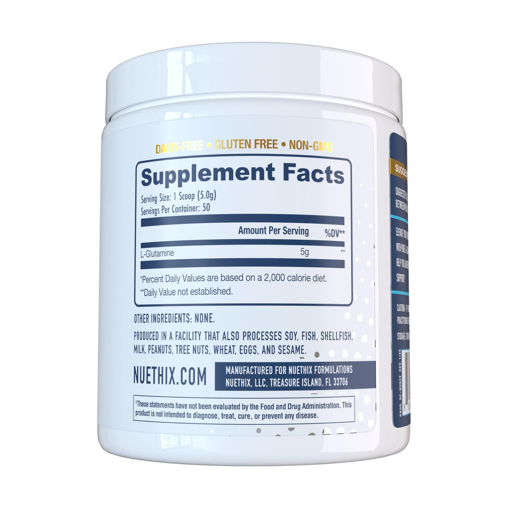 NuEthix Nu-Glutamine scoop beside the jar for easy dosing.