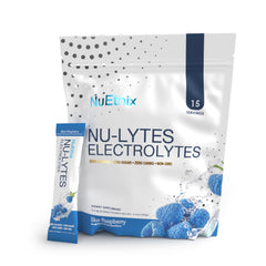 NuEthix NU-LYTES powder being poured into a bottle for quick hydration