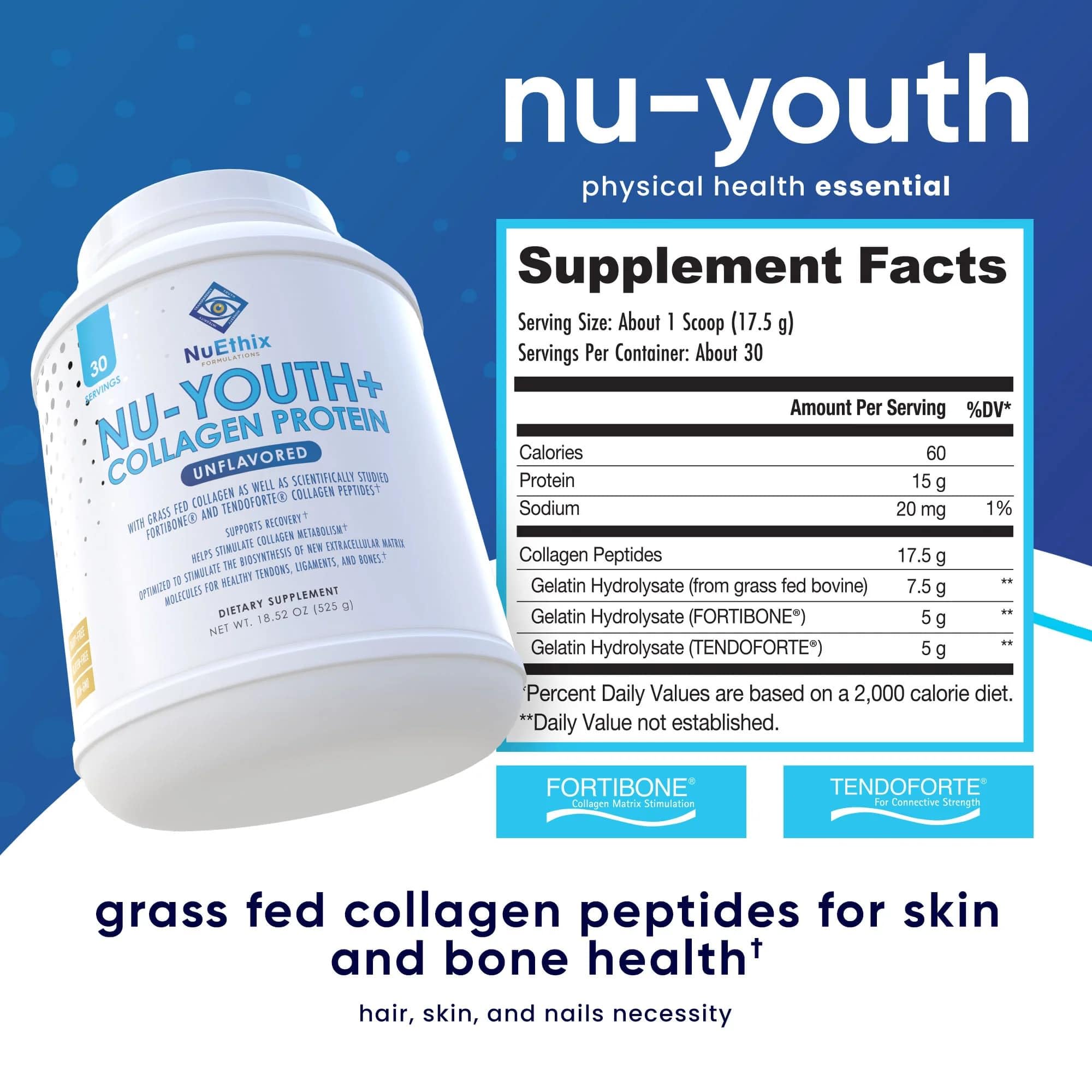 NuEthix Nu-Youth label highlights gluten-free and non-GMO attributes.
