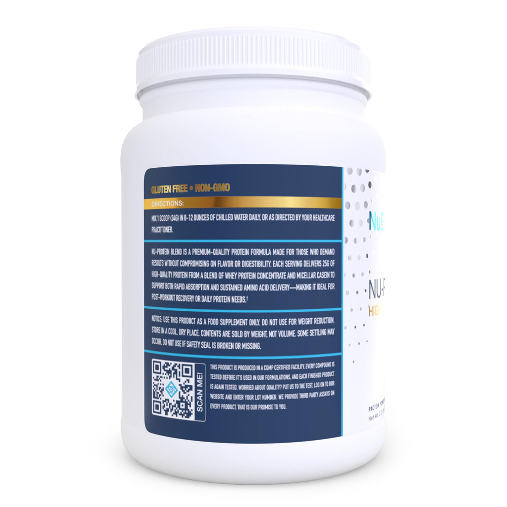 Nu-Protein Blend shake with peanut butter chocolate shown for quick nourishment.