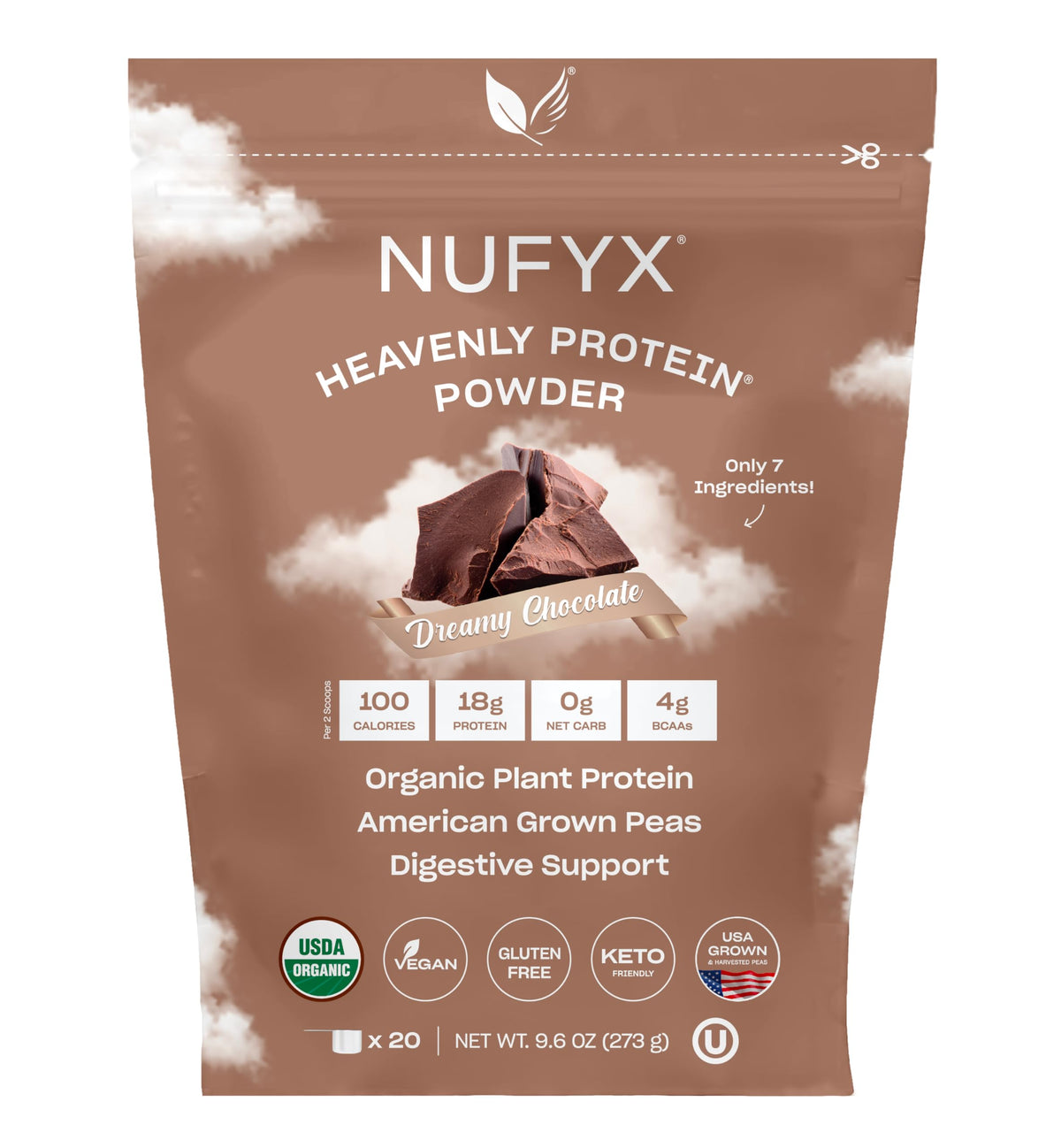 NUFYX Heavenly Protein packaging highlights organic vegan formula for healthy snacking