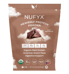 NUFYX Heavenly Protein packaging highlights organic vegan formula for healthy snacking