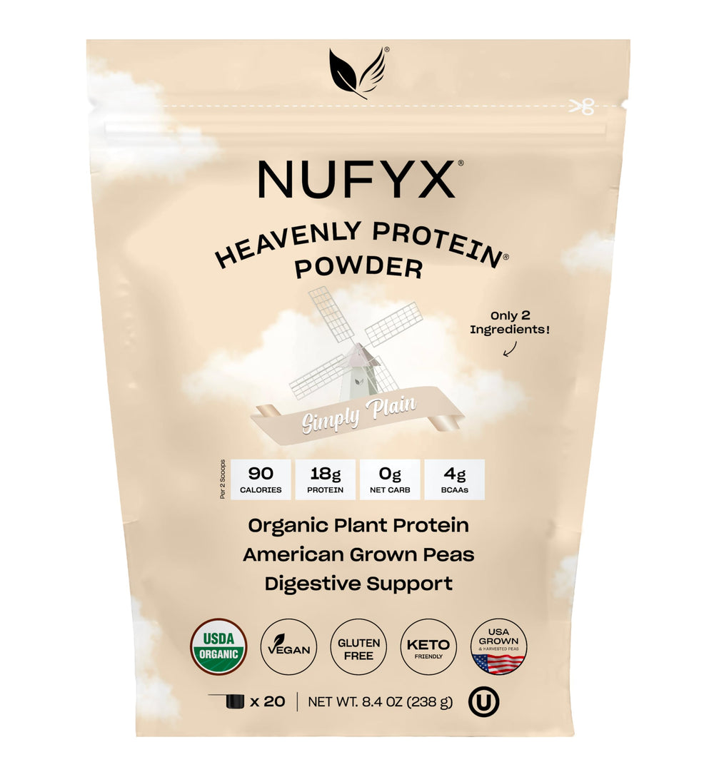 NUFYX Heavenly Protein Powder tub close-up highlighting plant-based protein from U.S.-grown peas.