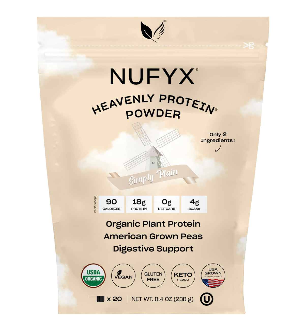 NUFYX Heavenly Protein Powder tub close-up highlighting plant-based protein from U.S.-grown peas.