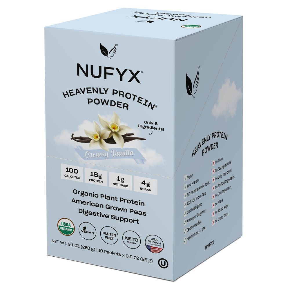 NUFYX Heavenly Protein Powder vanilla packaging highlights organic and vegan credentials.
