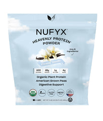 NUFYX Heavenly Protein Powder vanilla tub closeup highlighting clean ingredient list