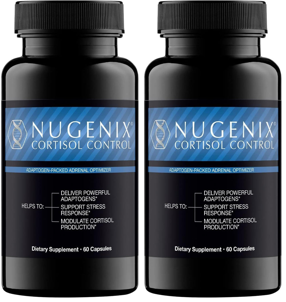 Nugenix Cortisol Control bottle front showing sleek packaging for daily adrenal support.