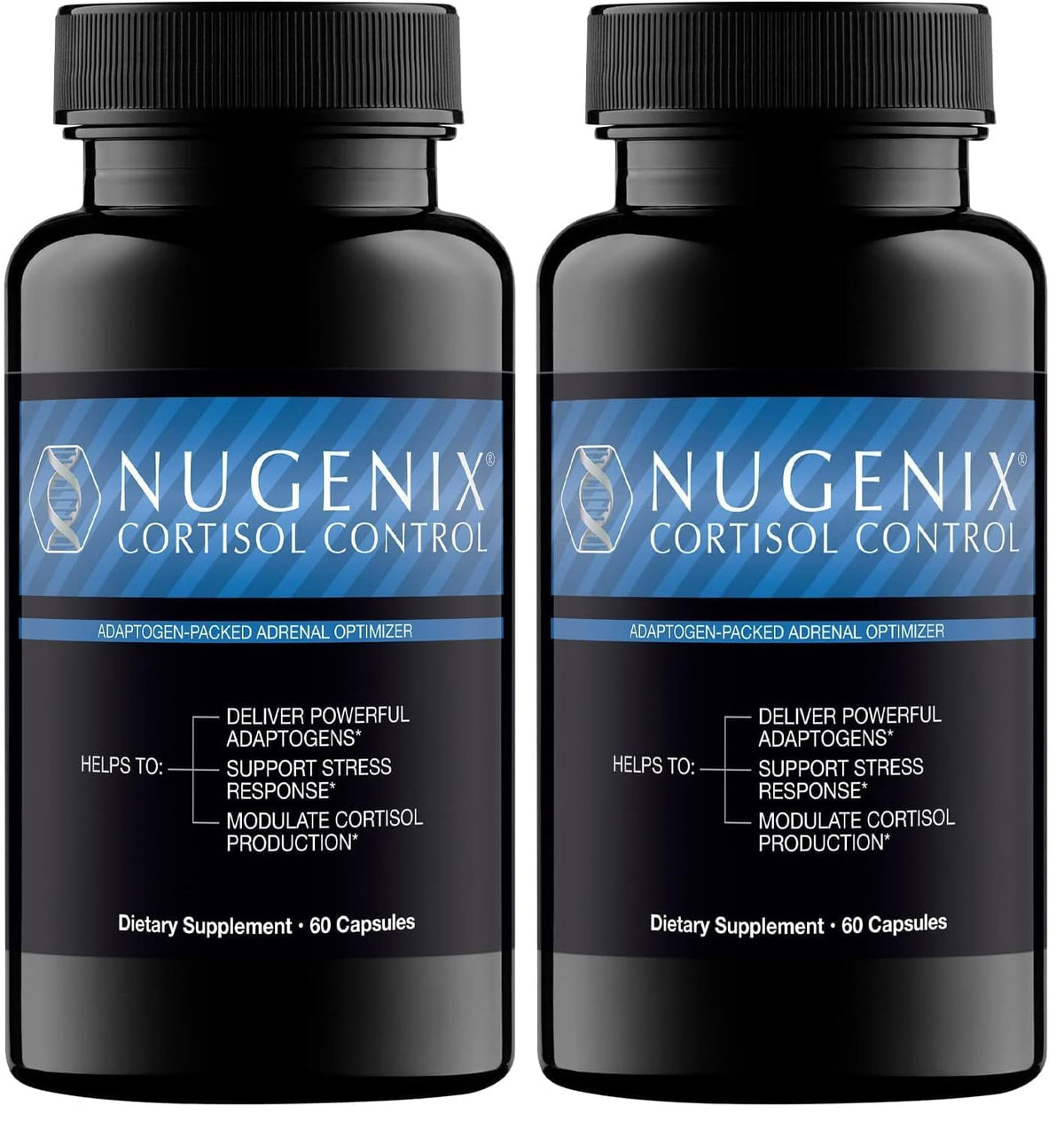 Nugenix Cortisol Control bottle front showing sleek packaging for daily adrenal support.
