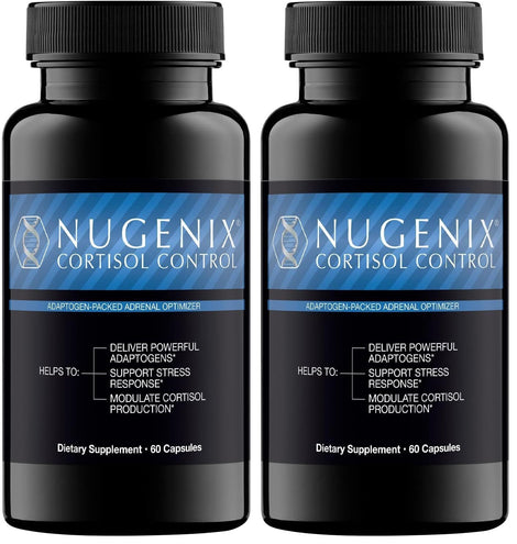Nugenix Cortisol Control bottle front showing sleek packaging for daily adrenal support.