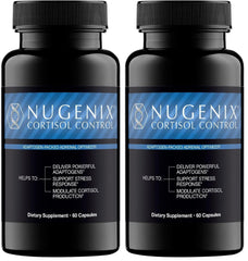 Nugenix Cortisol Control bottle front showing sleek packaging for daily adrenal support.