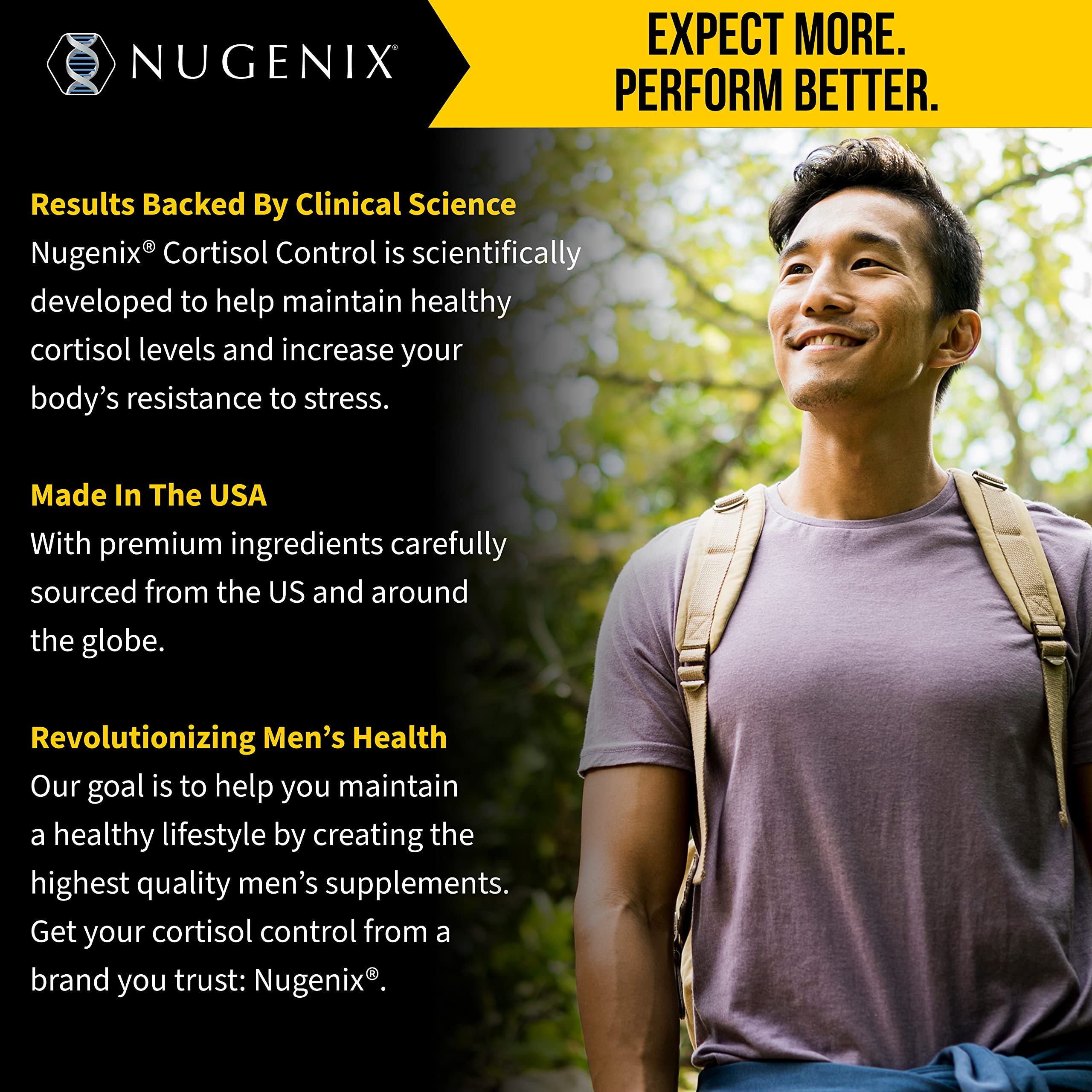 Nugenix Cortisol Control capsules beside a glass of water for daily mood and focus.