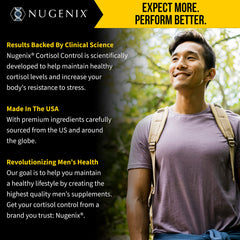 Nugenix Cortisol Control capsules beside a glass of water for daily mood and focus.