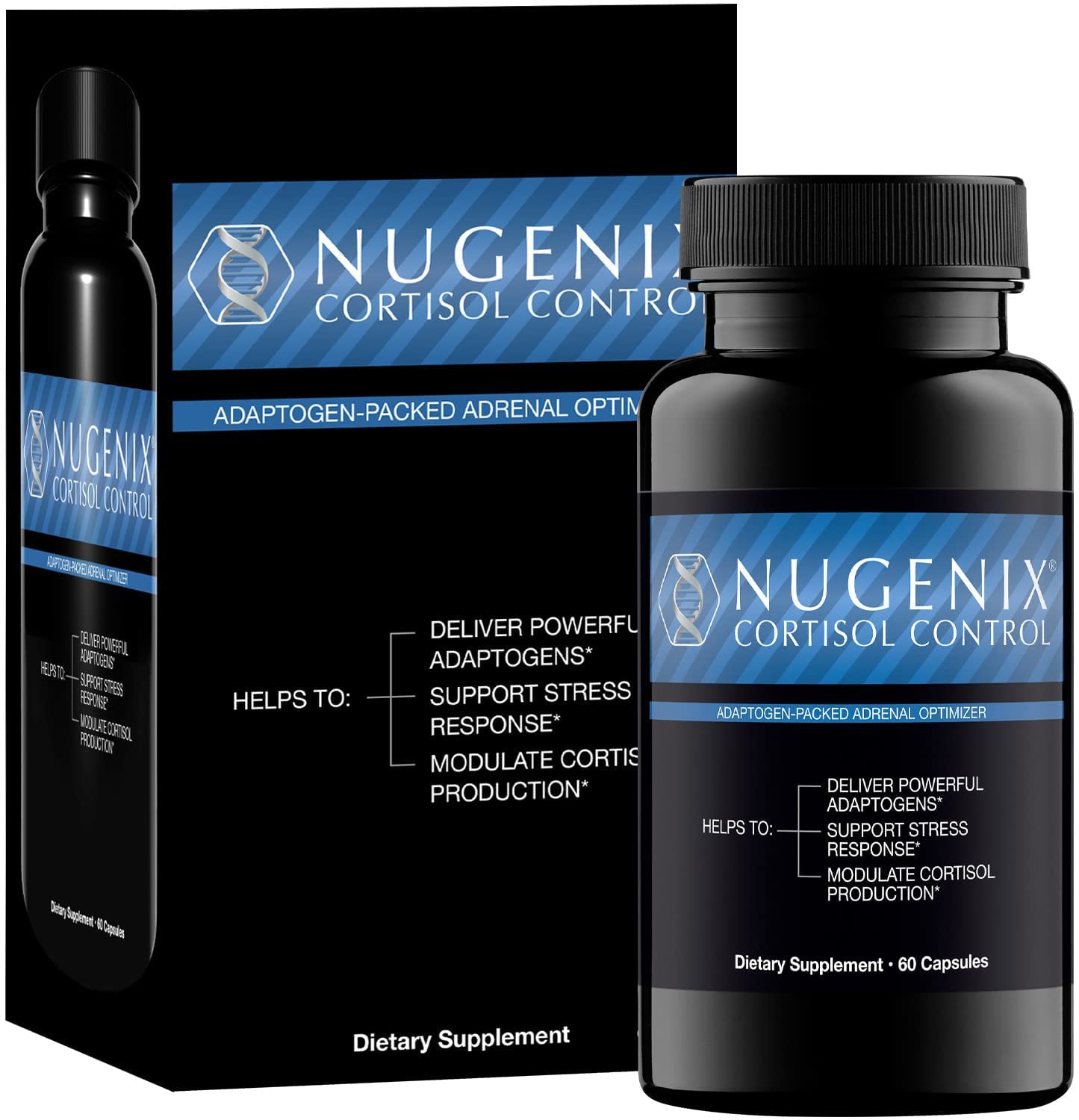 Nugenix Cortisol Control label close-up highlighting Sensoril and Relora for stress resilience.