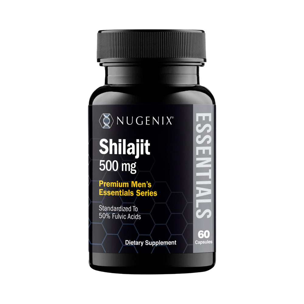 Nugenix Essentials Shilajit bottle and cap highlighting premium Himalayan extract for daily vitality