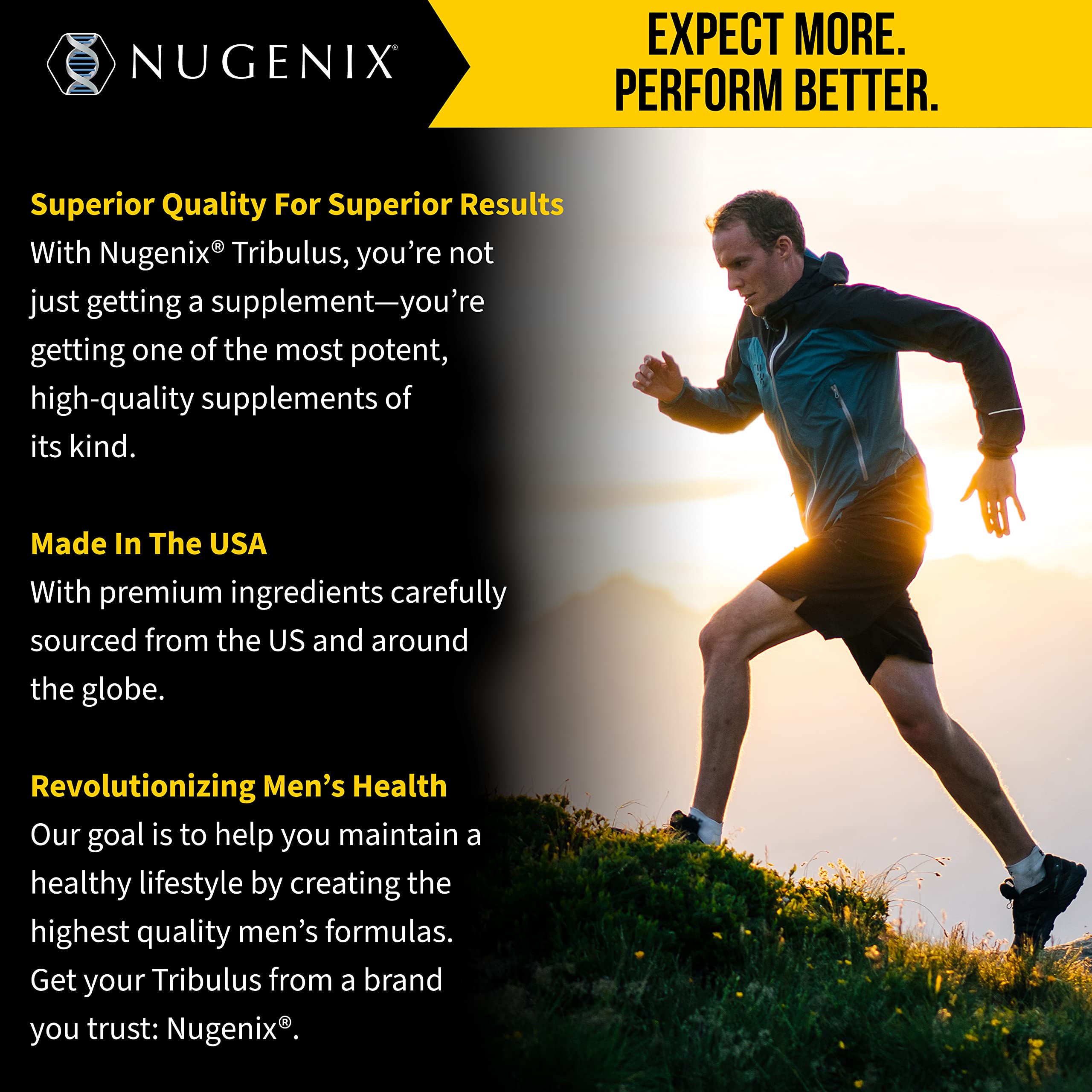 Nugenix Essentials Tribulus packaging showcasing gluten-free and GMO-free formulation details.