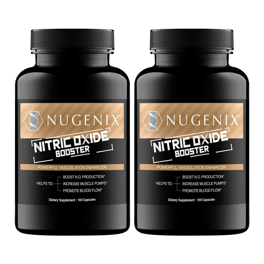 Nugenix Nitric Oxide Booster bottle pour supports improved blood flow during workouts.