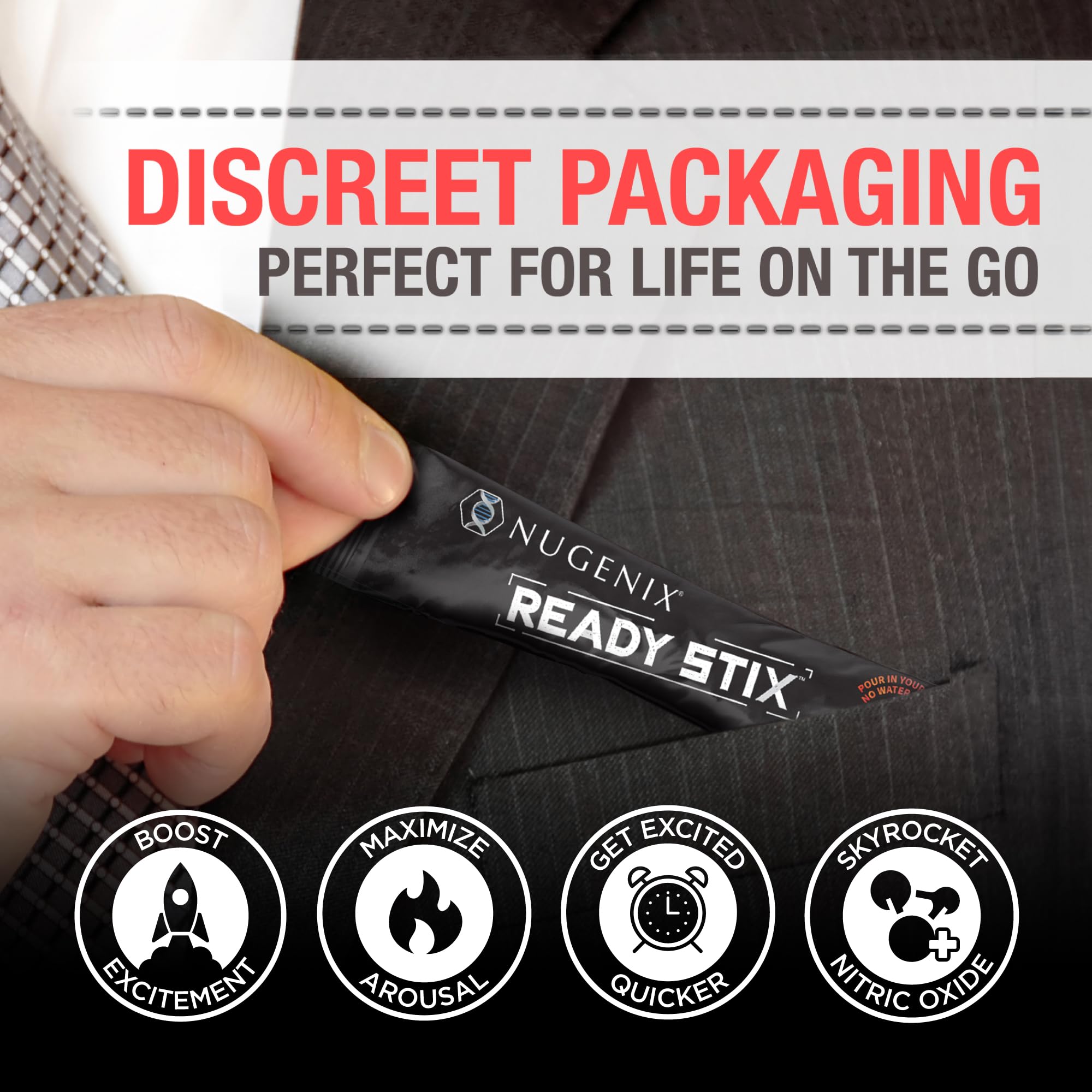 Nugenix Ready Stix pocket-pack layout emphasizes discreet, ready-to-use boosts.