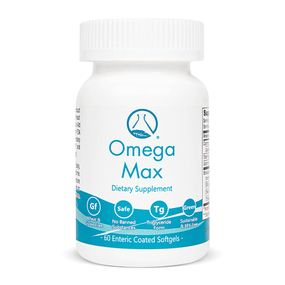 Nugevity Omega Max bottle with capsules, engineered to support heart and brain health.