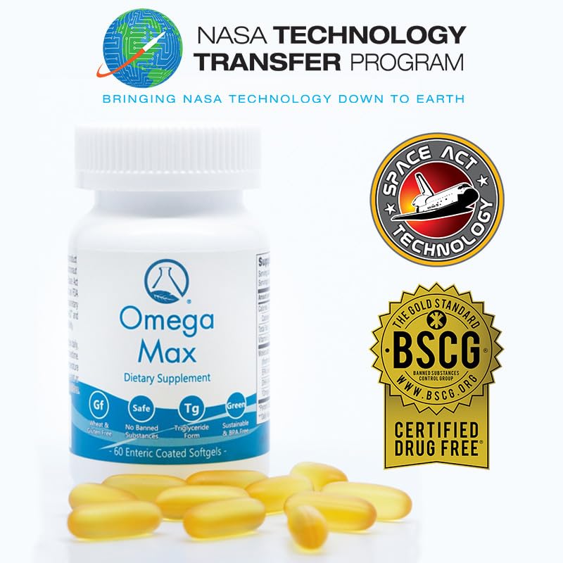 Omega Max capsules pouring from the bottle for easy daily intake.