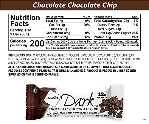 Ingredient list on NuGo Dark Chocolate Chip bar packaging emphasizing real cocoa butter chocolate.