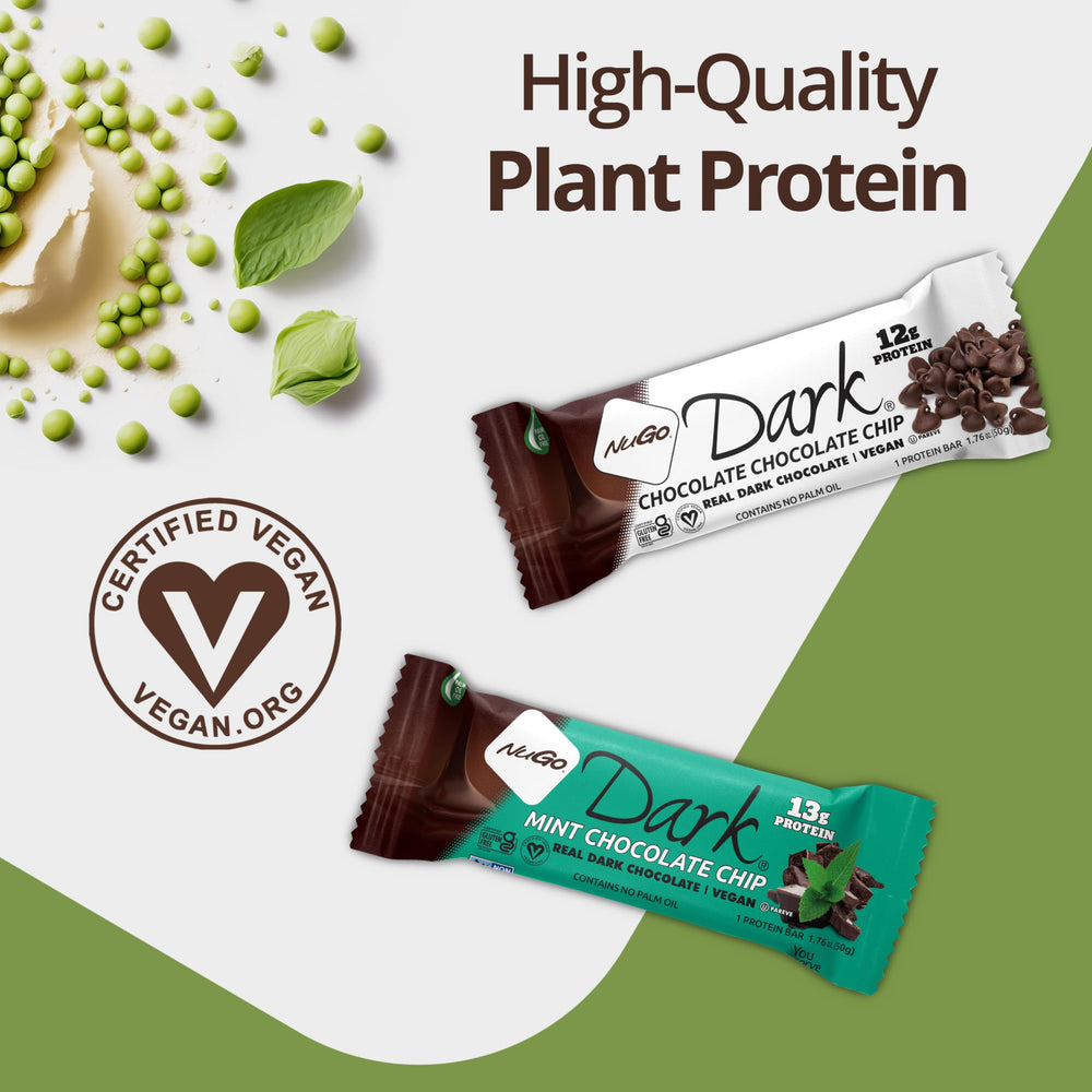 Non-GMO NuGo Dark Chocolate Chip bar with clean ingredients for mindful snacking.