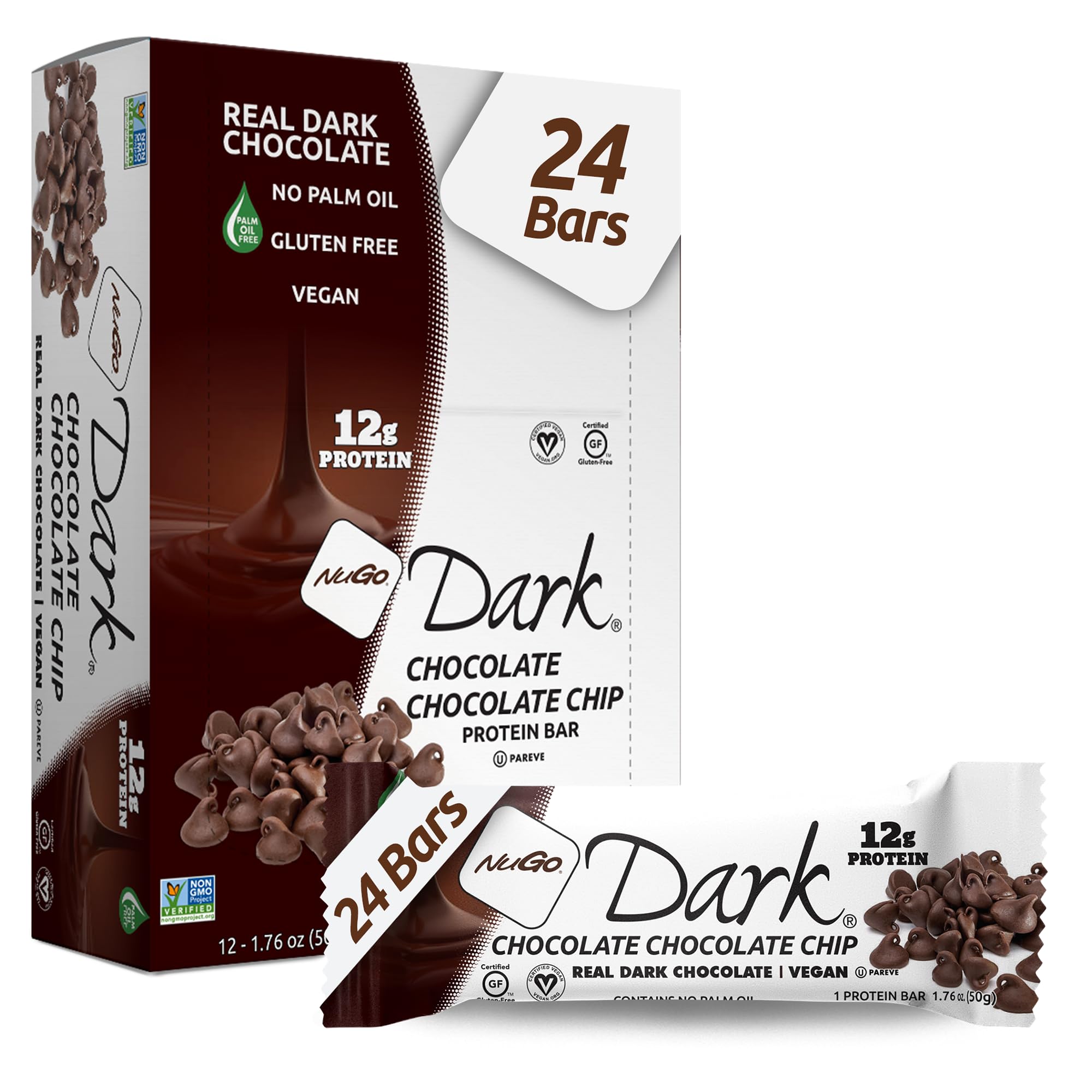 NuGo Dark Chocolate Chip bar in package, ideal on-the-go snack for busy days.