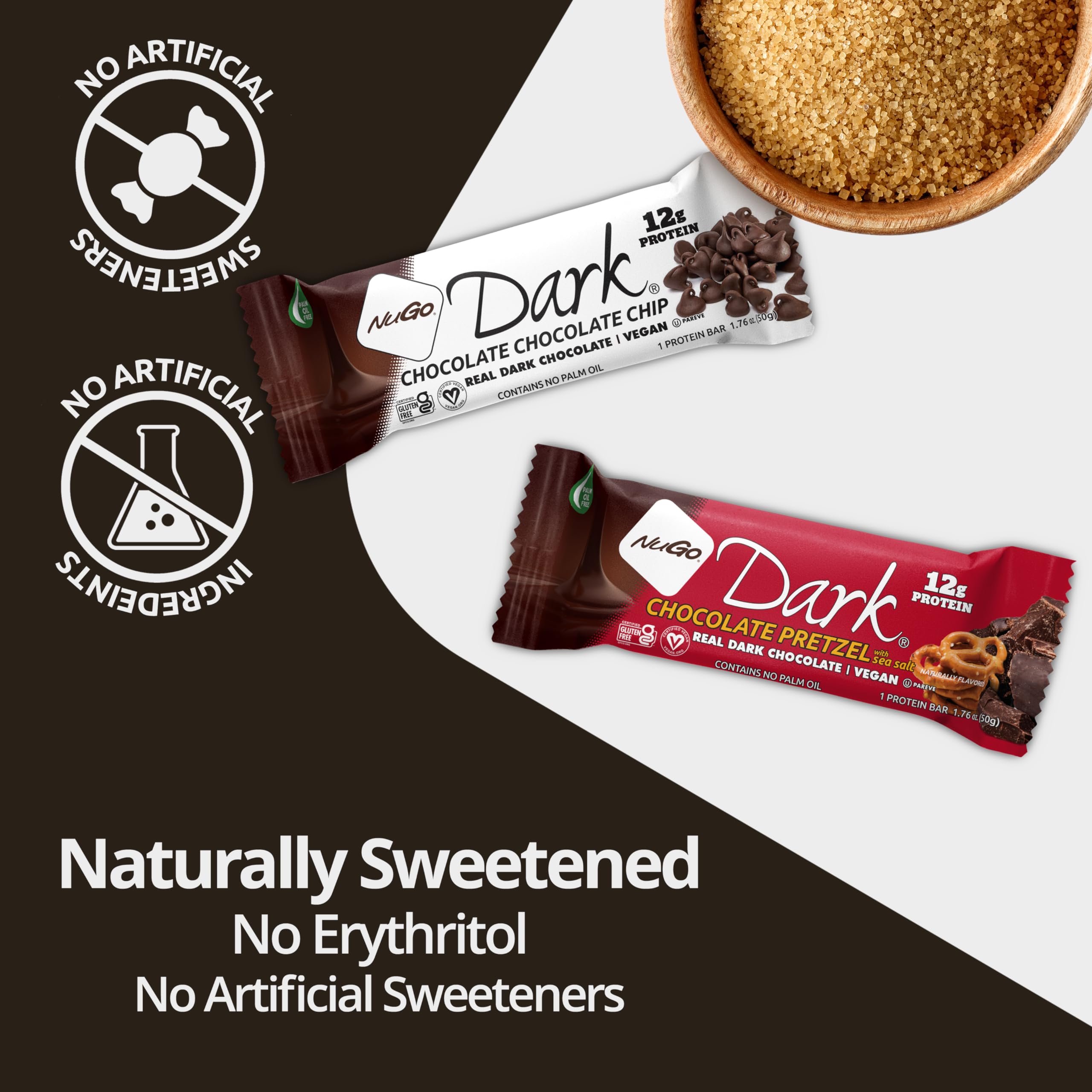 Unwrapped NuGo Dark Chocolate Chip bar ready to enjoy as a quick snack.
