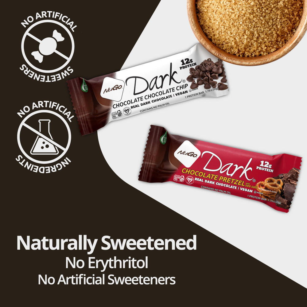 NuGo Dark Chocolate Mint bar close-up highlights mint chips and cocoa for refreshing flavor.
