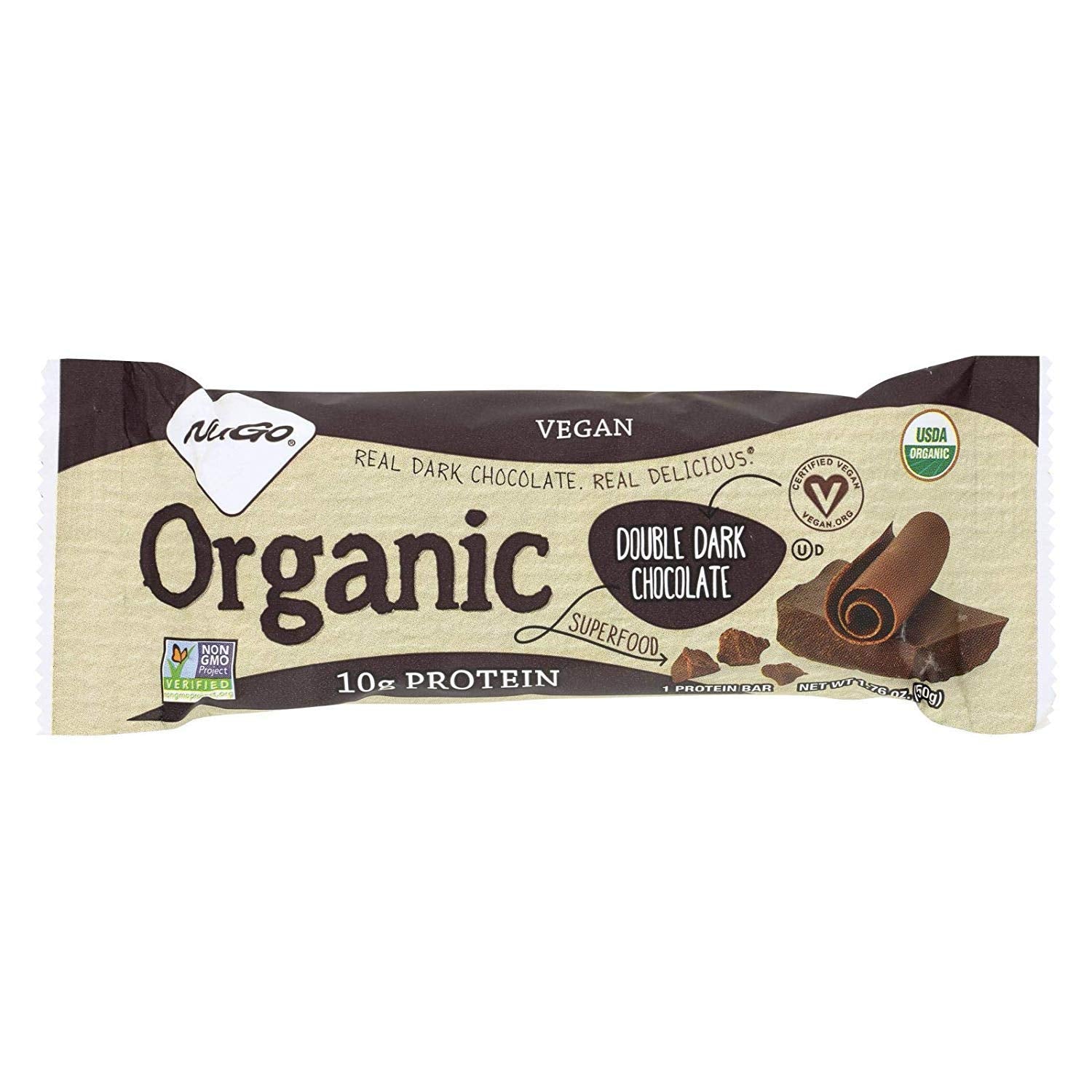 NuGO Organic Double Dark Chocolate nutrition bar for a high-protein on-the-go snack.
