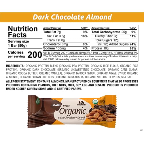 Close-up of NuGo Organic Dark Chocolate Almond bar showing rich chocolate coating