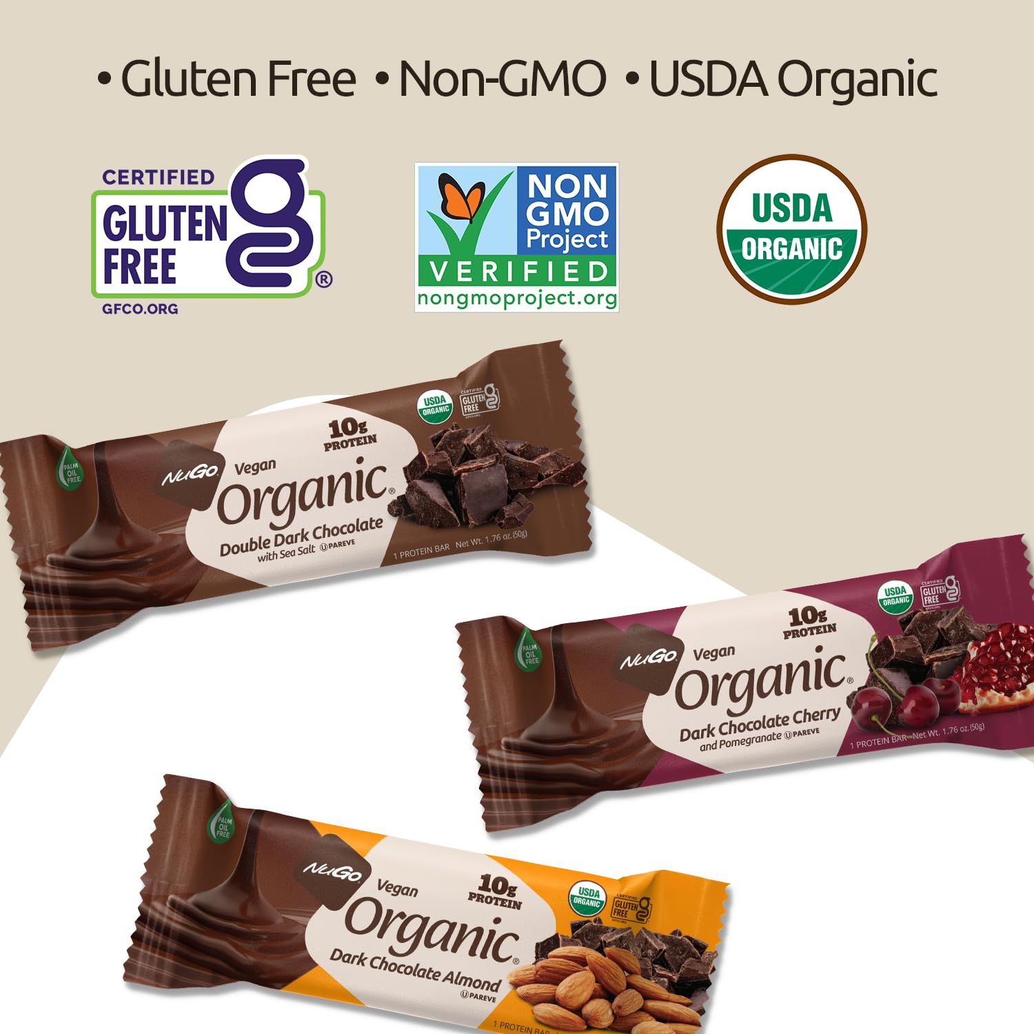 NuGo Organic chocolate almond bar highlighting 10g vegan protein