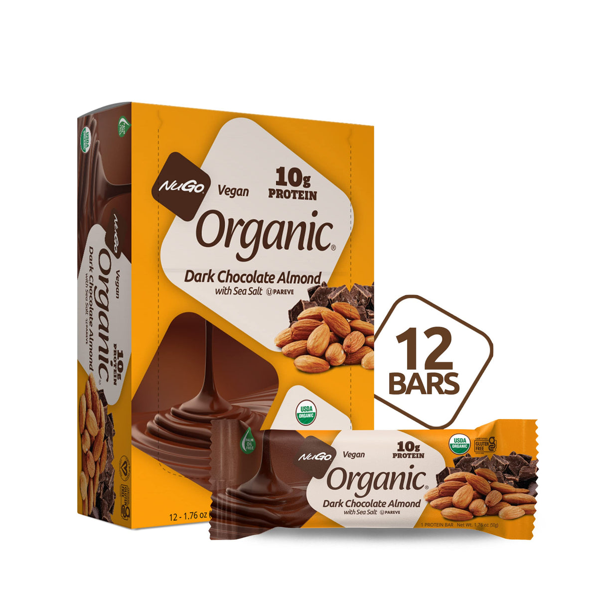 NuGo Organic Dark Chocolate Almond bar wrapped, ideal as a vegan protein snack
