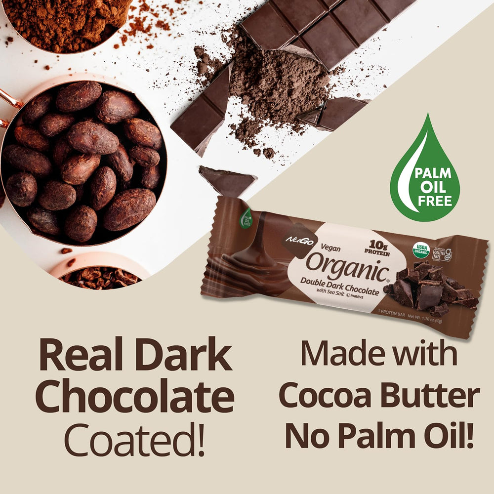 NuGo Organic dark chocolate coating close-up highlighting real flavor