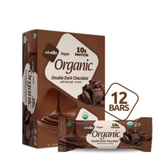 NuGo Organic Double Dark Chocolate bar with rich coating for vegan protein snacking