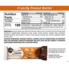 NuGo Slim bar in hand highlights high protein and low sugar profile.