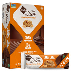 NuGo Slim dark chocolate crunchy peanut butter bar in packaging, gluten-free and vegan.