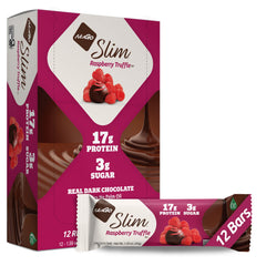 NuGo Slim Dark Chocolate Raspberry Truffle bar shown whole, protein-packed on-the-go snack.