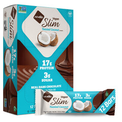 NuGo Slim Dark Chocolate Toasted Coconut bar front view, high-protein snack.