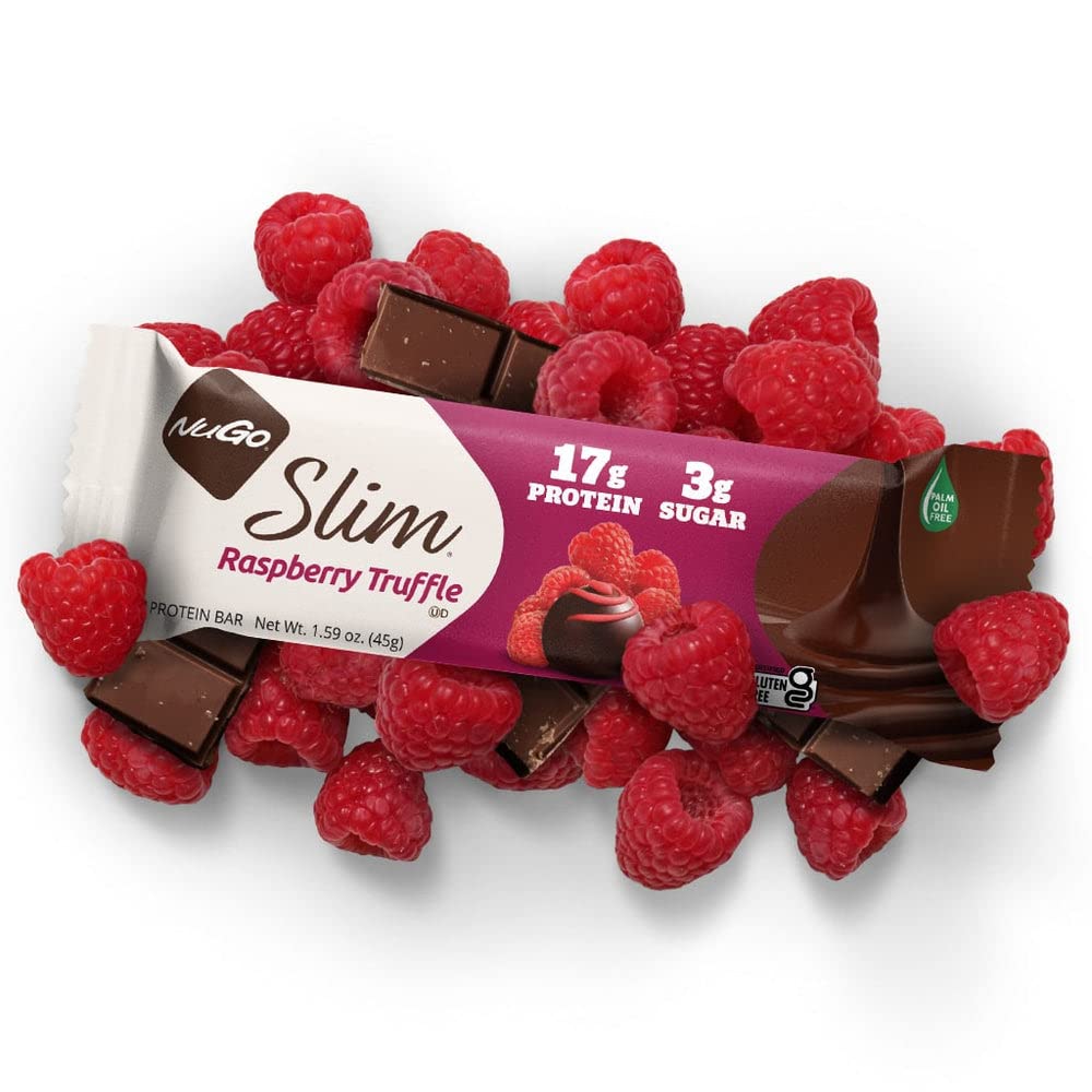 NuGo Slim product display emphasizes gluten-free and keto-friendly claims.