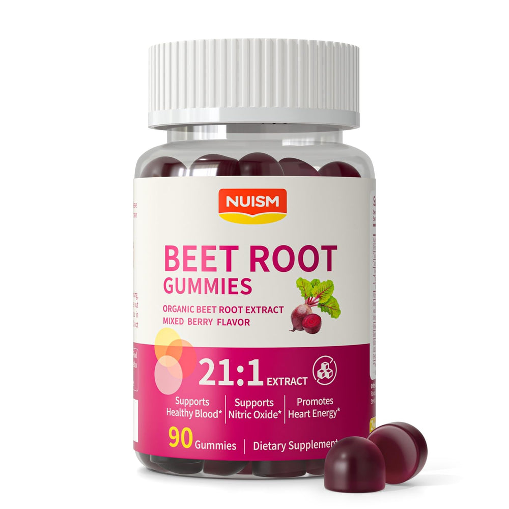 NUISM Beet Root Gummies bottle with berry flavor for daily energy support.