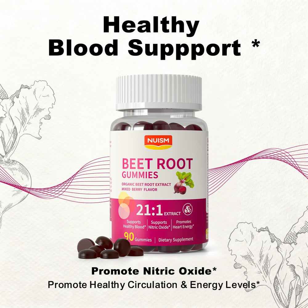 NUISM Beet Root Gummies label highlights 10,500 mg equivalent potency per serving.
