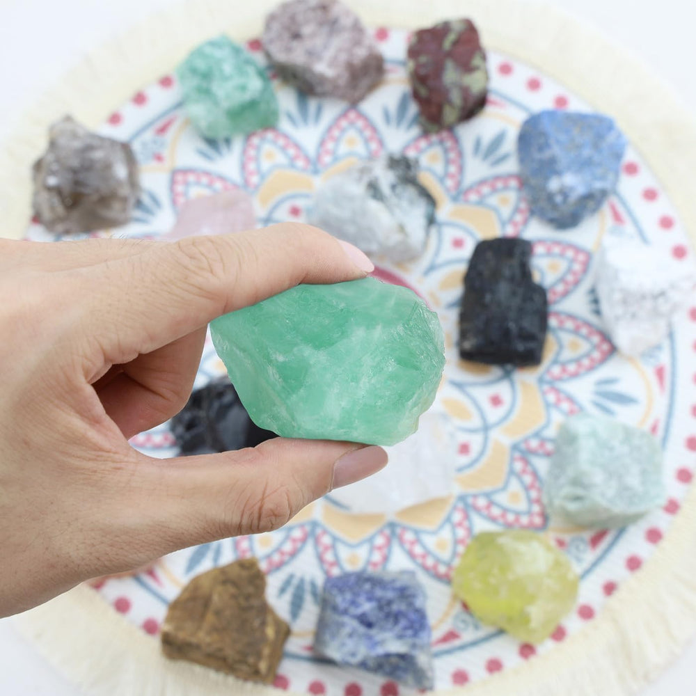 NUKAYAI Green Fluorite piece on desk display to promote calm.