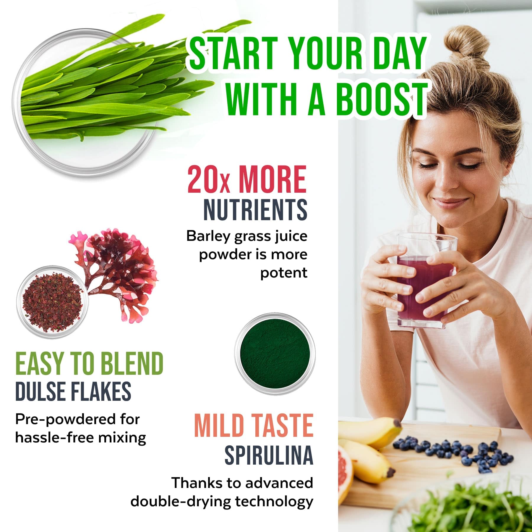 Numami detox barley grass powder in a jar ready to mix into vibrant green smoothies.